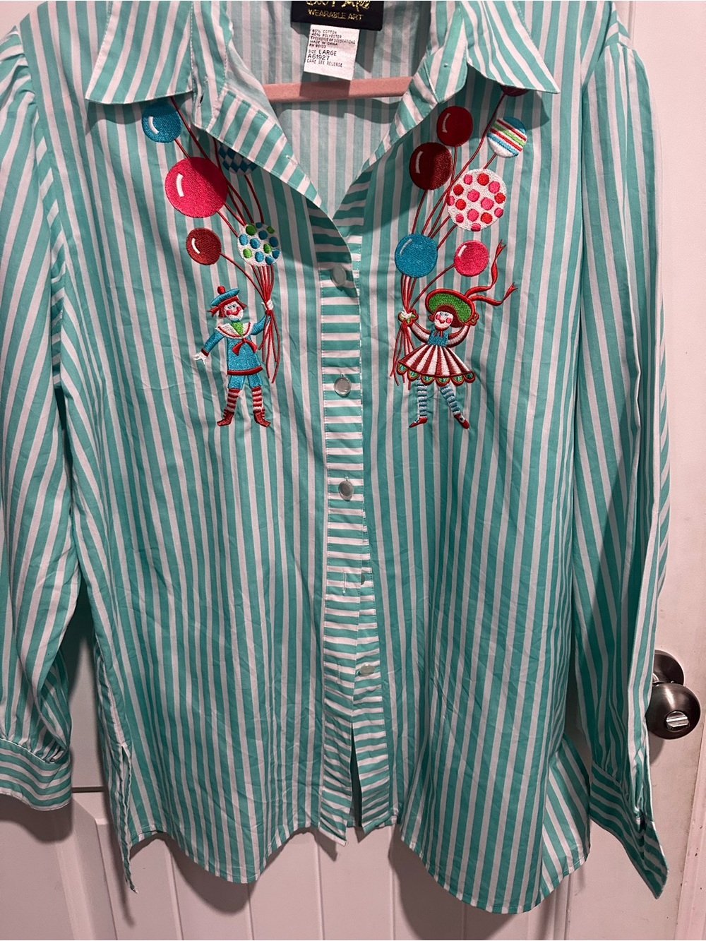 Bob Mackie Teal & White Striped Button-Down Shirt with Balloon Embroidery